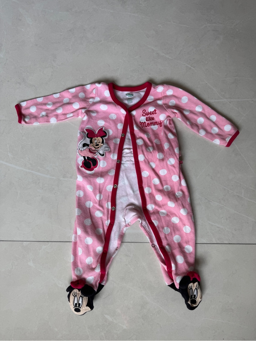 Disney Baby Minnie Mouse “Sweet like mommy” pink polka dot footed sleeper.